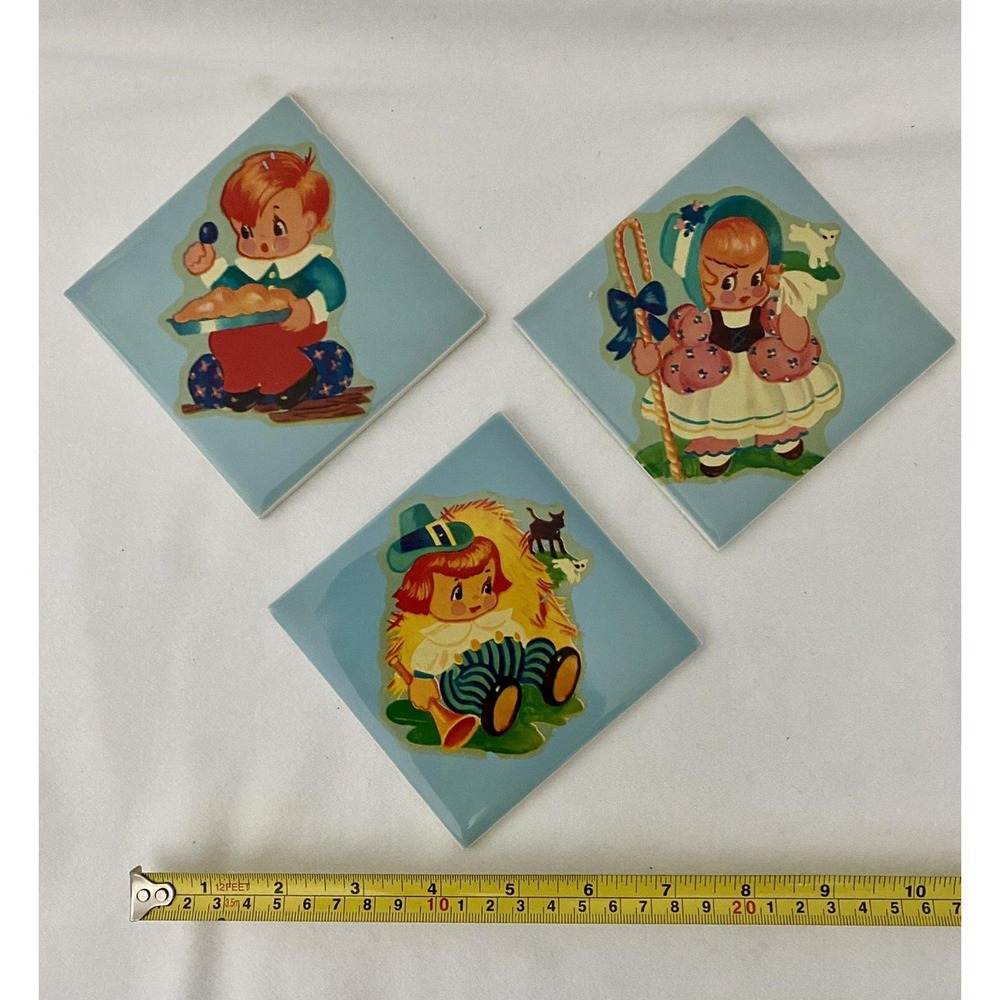 Ceramic 4" Tiles Vintage Nursery Rhymes Lot Of 3
